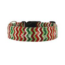 Load image into Gallery viewer, Red and Green Chevron Christmas Dog Collar with Snowflakes