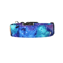 Load image into Gallery viewer, Bright teal purple and aqua galaxy universe dog collar