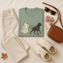 Load image into Gallery viewer, Sage Cane Corso Halloween ghost T-shirt styled with neutral pants, sneakers, and fall accessories
