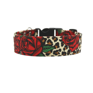 The Betsy - Rockabilly red rose on leopard print dog collar