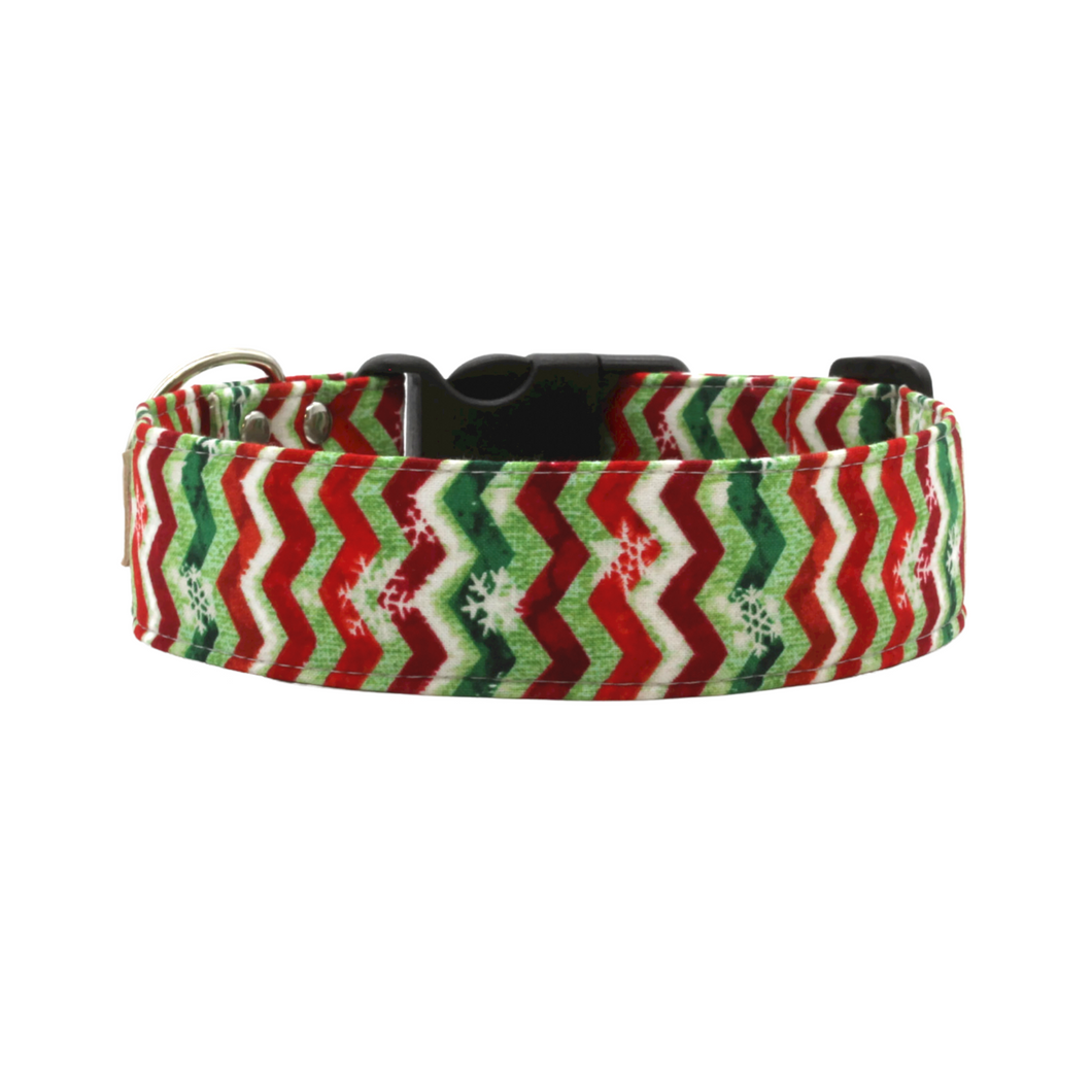 Red and Green Chevron Christmas Dog Collar with Snowflakes