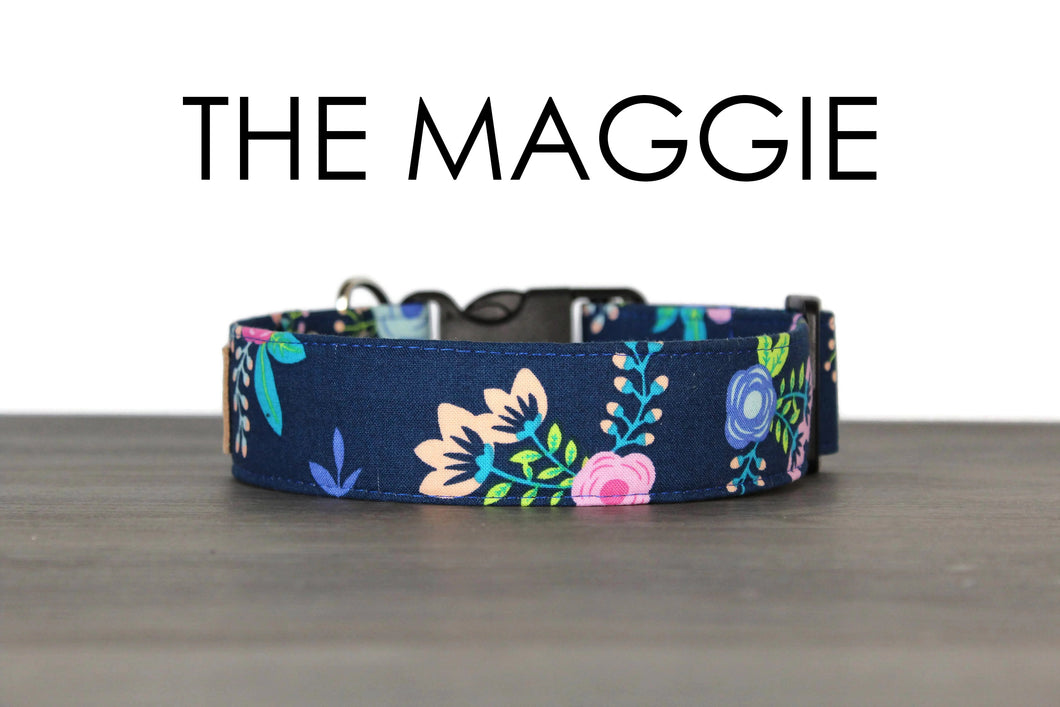 The Maggie - Navy blue retro flower dog collar - So Fetch & Company
